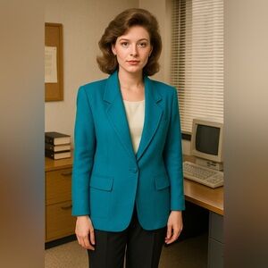 Vintage 80’s Toffs Womens Jacket Suit Blazer 100% Pure Wool Teal Large Sz Large